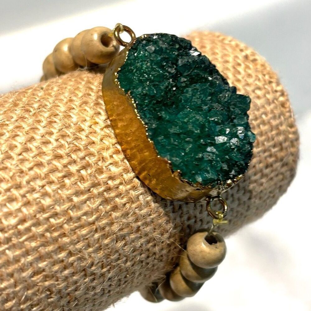 Nordstrom Druzy Stone Wooden Beads Stretch Elastic Bracelet Green Tan